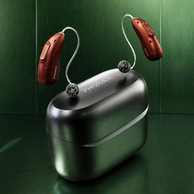 Phonak EON hearing aids with charging case.